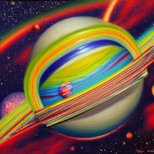 Prompt: view from space, rainbow rubber band ball planet, oil on canvas, portrait, intricate, 8 k highly professionally detailed, hdr, cgsociety