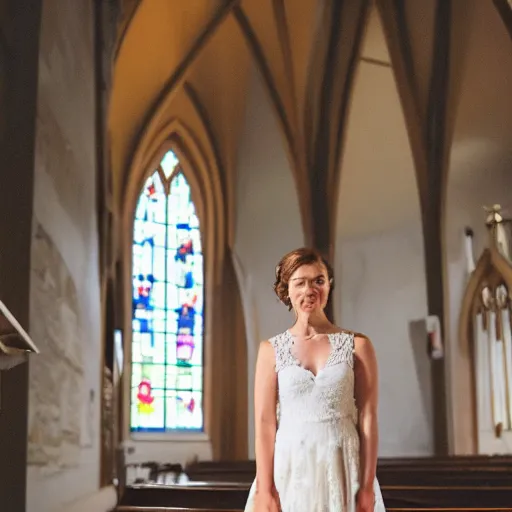 Image similar to a close up portrait of a woman in a wedding dress standing at a church alter