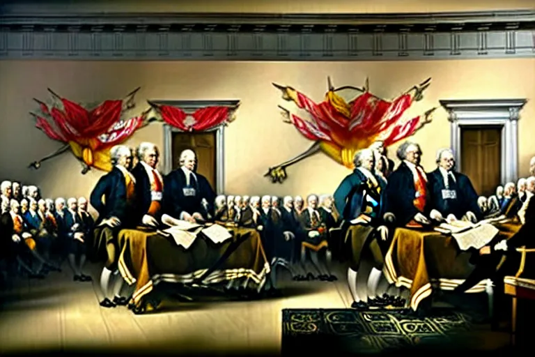 Image similar to john trumbull's famous painting of the signing of the declaration of independence. at least half of the men are clearly vampires, taller and with black hair and black and red capes.