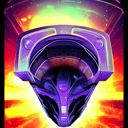 Prompt: alien spaceship perfectly centered in a futuristic data analysis card, high resolution, high contrast, colors: violet, blue, red, orange, white, volumetric light, Anime style, mecha, insanely detailed and intricate symbols in the frame.