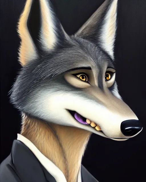 Image similar to oil painting of anthromorphic female wolf, in style of zootopia, female fursona, furry, furaffinity, 4 k, deviantart, furry art, fursona art, wearing black business suit, business suit, wolf fursona, female, very expressive detailed feminine face,