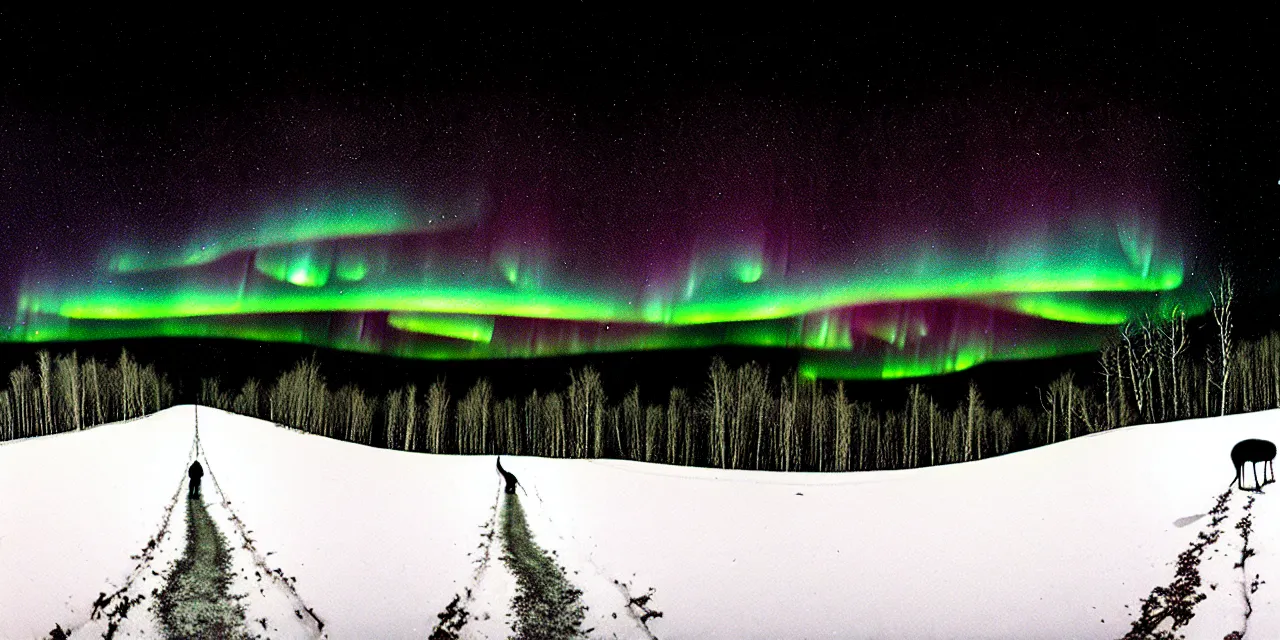 Image similar to laurentian appalachian mountains in winter, unique, original and creative black ink landscape, surrealist artwork, wide angle panorama, snowy night, distant town lights, aurora borealis, deers and ravens, lonely human walking, footsteps in the snow, fascinating textures, outstanding composition