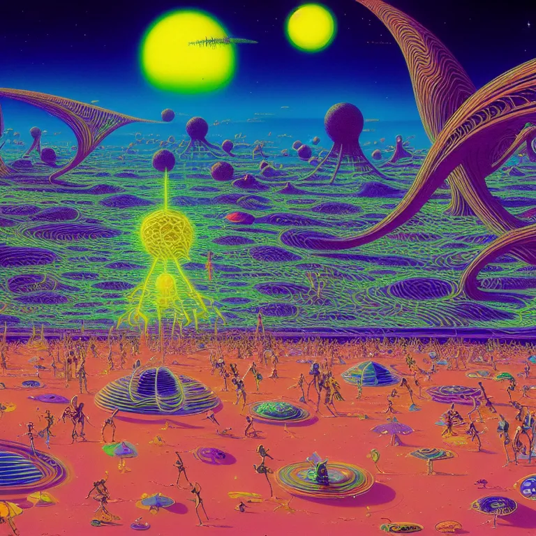 Prompt: many tiny people on the cosmic beach, infinite radiating waves, synthwave, bright neon colors, highly detailed, cinematic, tim white, michael whelan, vladimir kush, jim burns, bob eggleton, philippe druillet, kubrick, aubrey beardsley, roger dean, alfred kelsner, boris vallejo