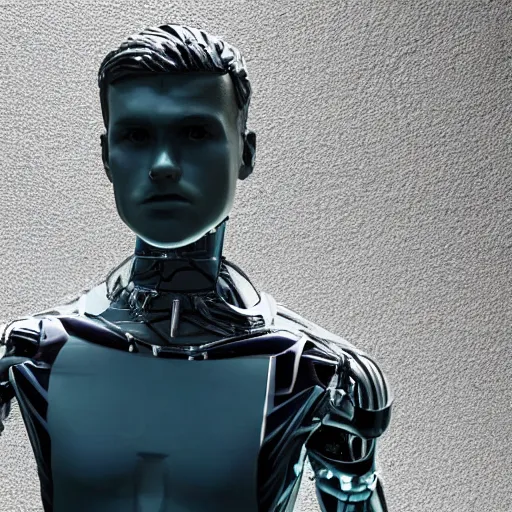 Image similar to a realistic detailed photo of a guy who is an attractive humanoid who is half robot and half humanoid, who is a male android, soccer player martin ødegaard, shiny skin, posing like a statue, blank stare, by the pool, on display, showing off his muscles, humanoid robot, frozen ice statue, made of ice