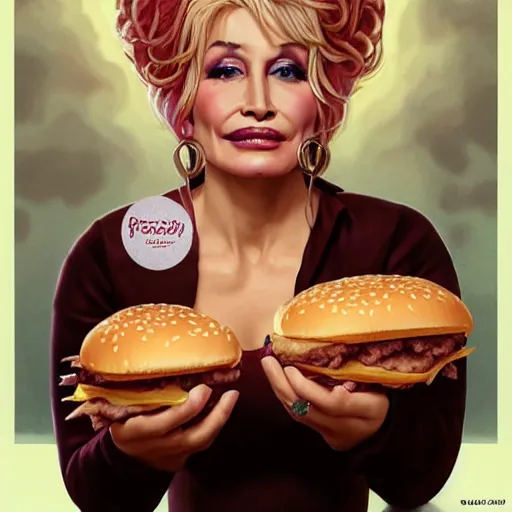 Prompt: portrait of dolly parton eating hamburgers, extra onions and ketchup, luscious patty with sesame seeds, feminine ethereal, handsome, d & d, fantasy, intricate, elegant, highly detailed, digital painting, artstation, concept art, matte, sharp focus, illustration, art by artgerm and greg rutkowski and alphonse mucha