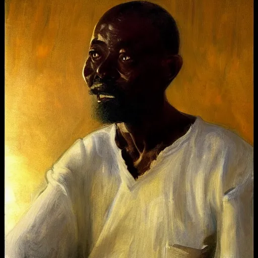 Image similar to a painting of a well fed, thinker, thoughtful, focused, visionary, calm, jovial, loving, daddy/fatherly, generous, clean shaven, elegant elder and his on from Kenya by Henry Ossawa Tanner . dramatic angle, ethereal lights, details, smooth, sharp focus, illustration, realistic, cinematic, artstation, award winning, rgb , unreal engine, octane render, cinematic light, macro, depth of field, blur, red light and clouds from the back, highly detailed epic cinematic concept art CG render made in Maya, Blender and Photoshop, octane render, excellent composition, dynamic dramatic cinematic lighting, aesthetic, very inspirational, arthouse.