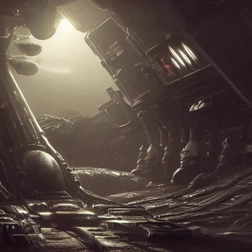 Image similar to a photorealistic picture of the Nostromo spaceship landed on a dark planet, lot of details, greeble and nurnies, dark mood, cinematic, realistic