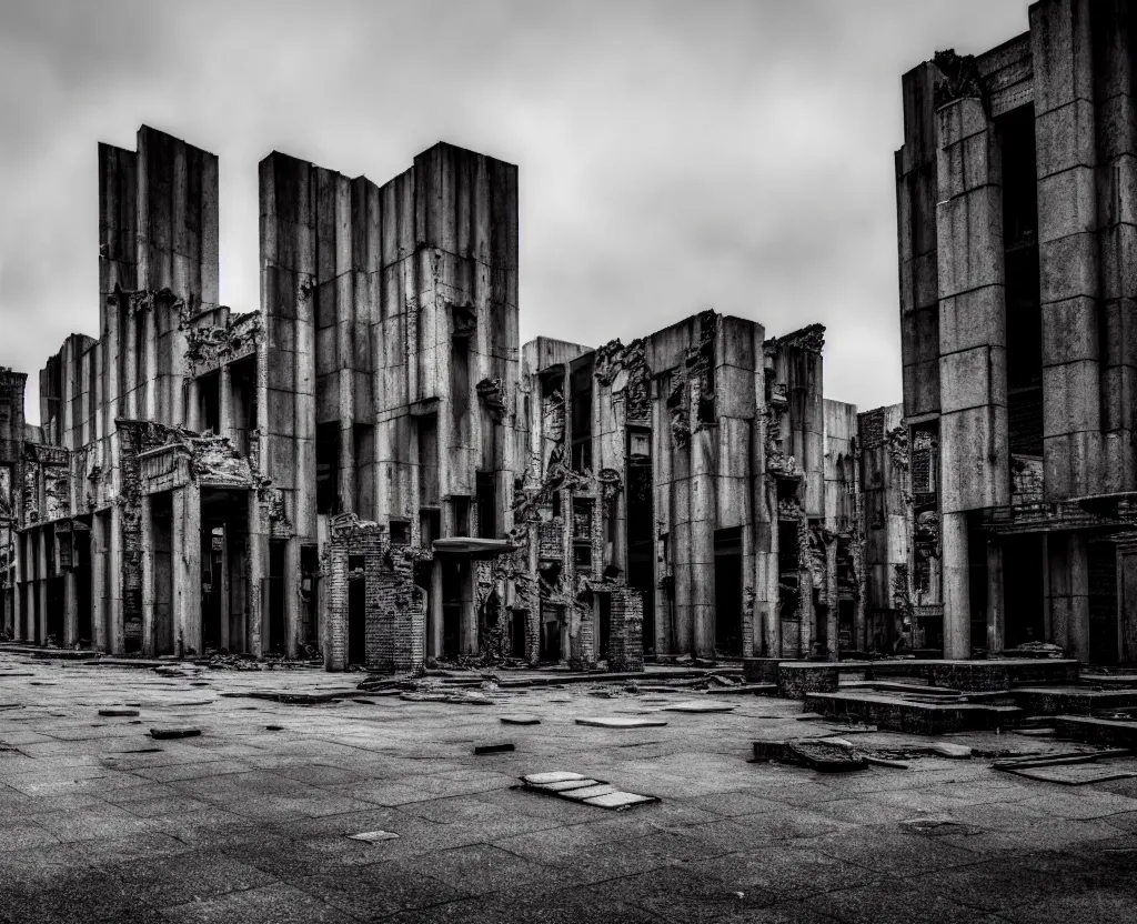 Prompt: wide angle view of a deserted city ruins with brutalism architecture and stone buildings, overcast weather. very detailed, ultra - realistic, 4 k.