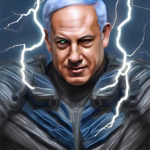 Image similar to benjamin netanyahu as the greek god of lightning, lightning bolts, highly detailed, ultra clear, by artgerm and greg rutkowski