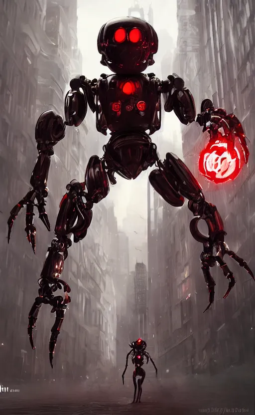 Prompt: a robot humanoid spider in a city, with 4 arms with claws, glowing red eyes, in a black carbon and red fiber armor, smiling creepily, dynamic lighting, photorealistic fantasy concept art, trending on art station, stunning visuals, creative, cinematic, ultra detailed