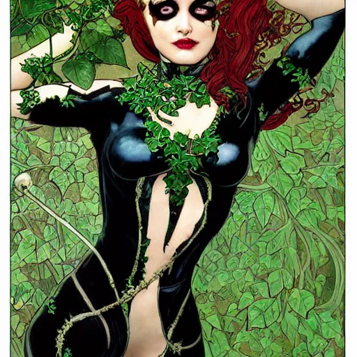 Image similar to a beautiful painting of poison ivy dressed as catwoman and catwoman dressed as poison ivy, intricate, elegant, highly detailed, digital painting, artstation, concept art, matte, sharp focus, illustration, art byby rebecca guay and by arthur rackham and by alphonse mucha and by john william waterhouse, comic book style!!