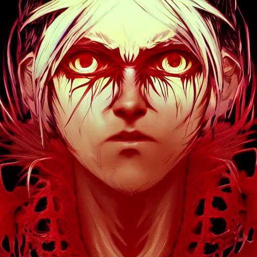 Image similar to demon boy, yound adult yokai boy with wild spiky hair, vantablack cloak, red eyes, ultra realistic, concept art, intricate details, eerie, highly detailed, photorealistic, octane render, 8 k, unreal engine. art by artgerm and greg rutkowski and charlie bowater and magali villeneuve and alphonse mucha