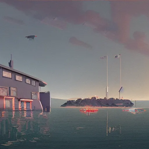 Image similar to yachting club by simon stalenhag