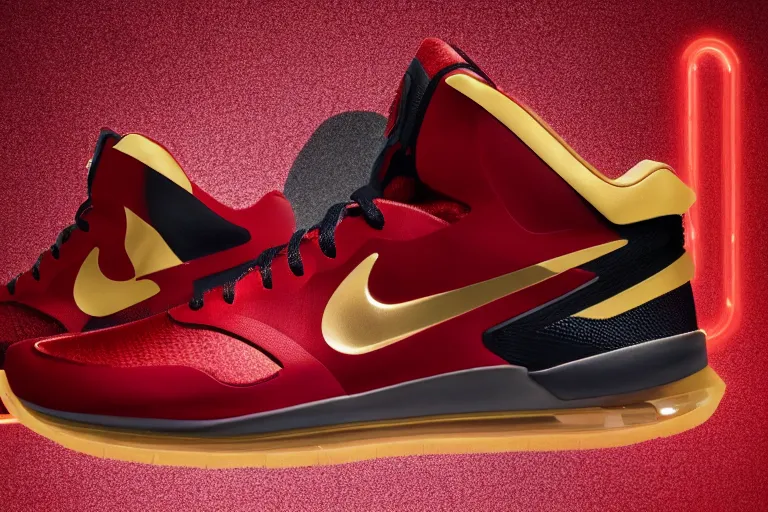 Image similar to mid product still of The New metallic red and gold Ironman Nike sneakers with glowing arc reactor swoosh and carbon fiber accents, 4k