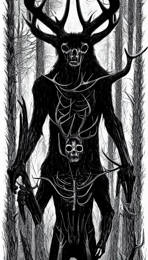 Image similar to Style Tim Jacobus and Rafael Albuquerque:: Wendigo with long antlers, deer face skeletal, symmetrical face, yellow eyes, fully detailed face:: attacking a woman in the woods:: night time, full mood, fog, realistic, scary, horror, full body