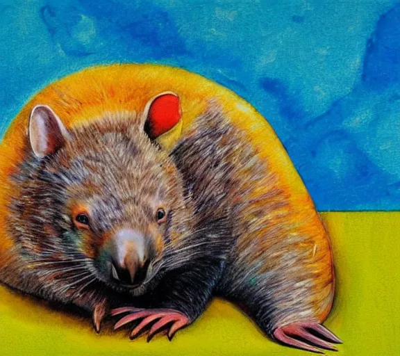 Image similar to a bright colourful painting of a wombat relaxing