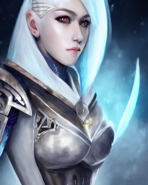Image similar to perfect white haired attractive egyptian goddess, warframe armor, beautiful, symmetric, dreamy, half asian, pretty face, blue eyes, khaleesi, detailed, scifi platform, laboratory, experiment, 4 k, ultra realistic, epic lighting, android body, illuminated, cinematic, masterpiece, art by akihito tsukushi, voidstar