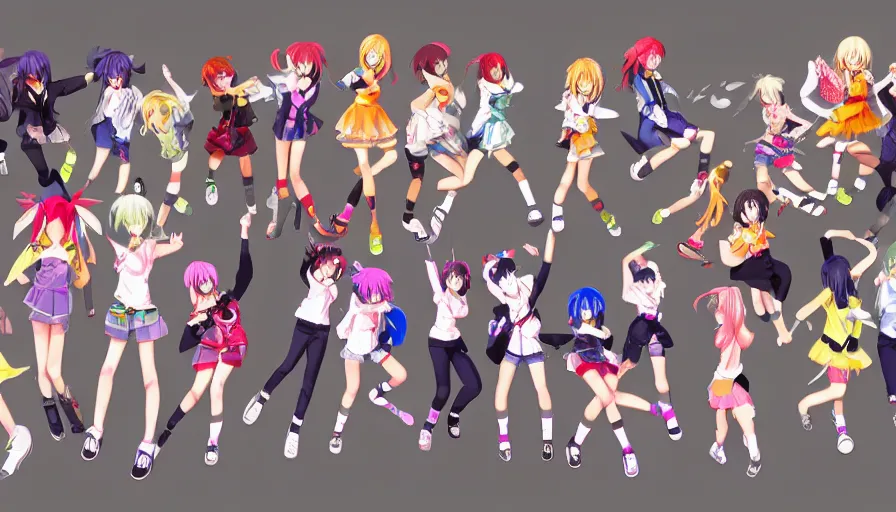 Image similar to group of cute anime characters jumping, colorful outfits, short miniskirts, lightly dressed, ultra detailed digital art, hyper real, detailed, group photo, ultra detailed, ground up angle