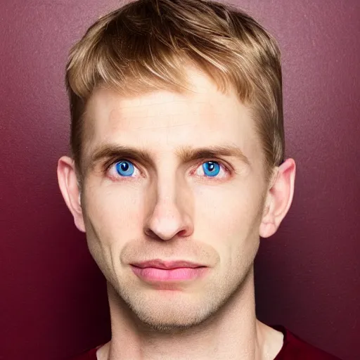 Image similar to full face color photograph of a 35 year old very handsome white man with very short light blond hair and small blue eyes, dressed in a maroon t shirt and black jeans, with very thin lips, with a straight nose and pale skin. He has masculine but gentle features.