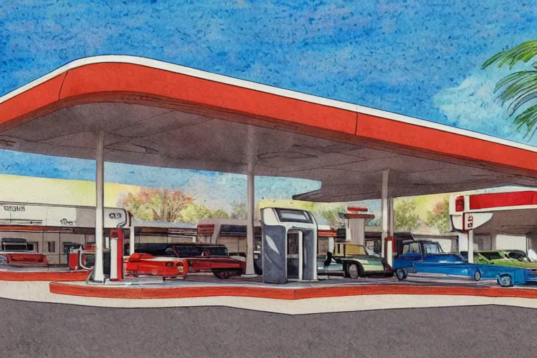 Image similar to a pencil and watercolor art of a beautiful luxurious gas station, retro and 1 9 8 0 s style, beautiful architecture, retro coloring, retro and 1 9 8 0 s style, retro and 1 9 8 0 s filter