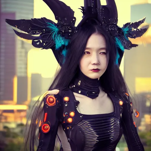 Image similar to portrait futuristic Devil Girl with horns and wings and feathers and armor stuuing smile in future cyberpunk tokyo rooftop sci-fi fan