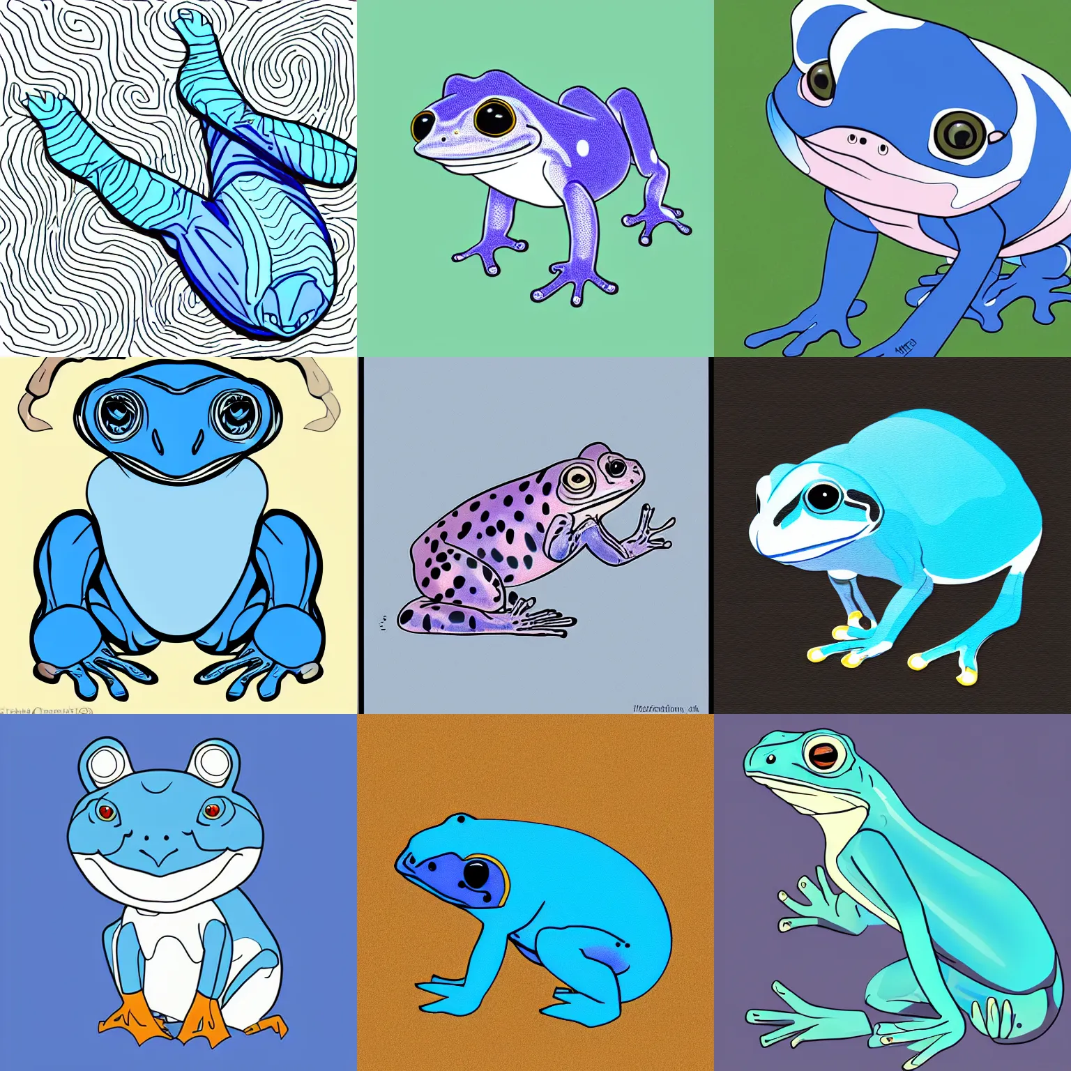 Prompt: Blue-colored Amazon milk frog, digital art, flat colors, clean lines