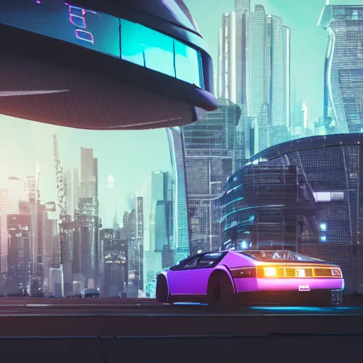 Prompt: deep perspective, the background is a cyber city sharp photorealistic octane render, bokeh in the background, a futuristic curvy neon delorean hover in the foreground,