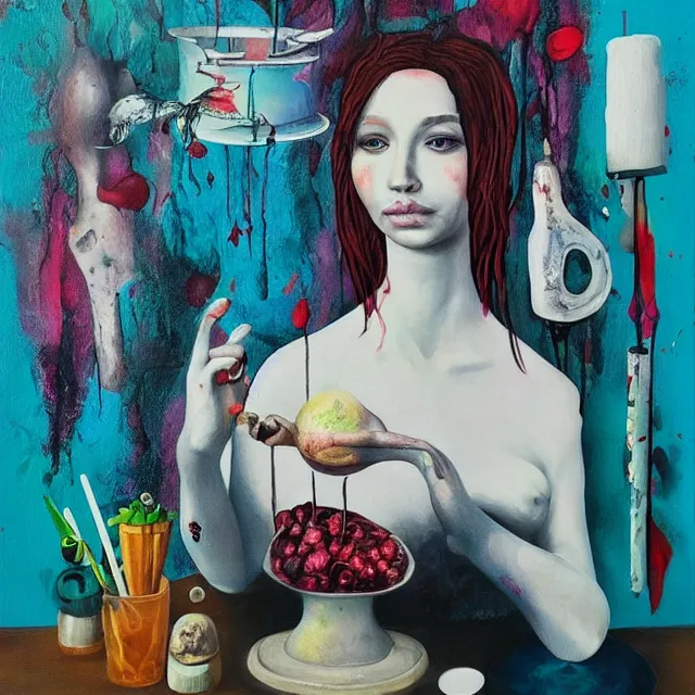 Image similar to “ surrealism, a portrait in a female art student ’ s apartment, mushrooms, sensual, art supplies, a candle dripping white wax, berry juice drips, acrylic and spray paint and oilstick on canvas, neoexpressionism ”