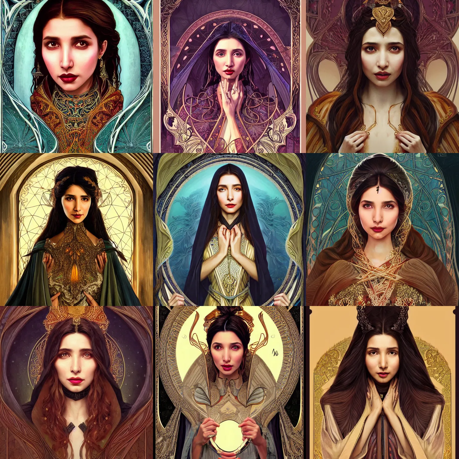 Prompt: head-on symmetrical centered painted portrait, Mahira Khan as a D&D wizard, art nouveau, medieval robes, fantasy, intricate, elegant, highly detailed, smooth, sharp focus, illustration, artstation, in the style of Artgerm and Anna Podedworna and Alex Ross and Mucha