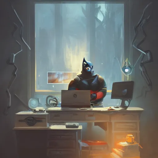 Image similar to a insanely detailed painting of a fat masked superhero wearing a costume sitting at a desk, staring at the nervously at the computer and clicking on the mouse, in the style of peter mohrbacher, dramatic lighting and composition, trending on artstation, concept art, comic book