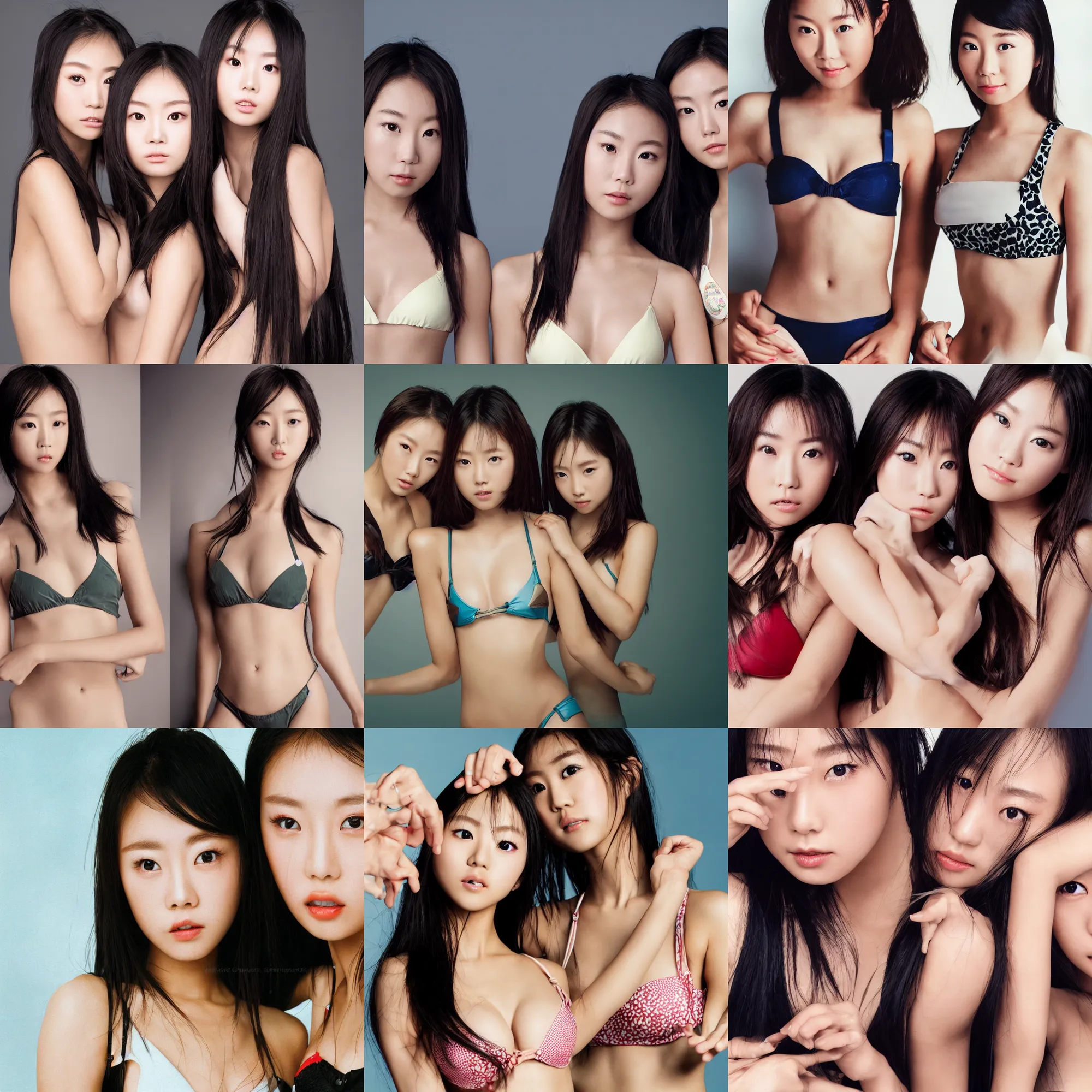 Prompt: Worksafe.2000s,8K HD incredible professional studio photo very close-up face of two young beautiful gorgeous cute Japanese actress supermodel J-Pop idol girls posing,wearing bikini bra.At Behance and Instagram,taken with polaroid kodak portra.Photoshop,Adobe Lightroom,After Effects