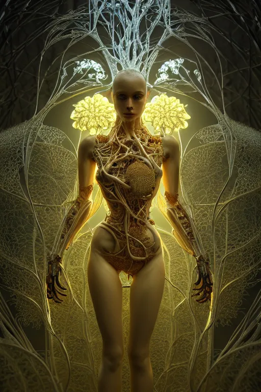 Image similar to intricate hyper detailed ultra sharp 3 d render, unity of mood, biomechanical cyborg ladies dancing, atmospheric, foliage, white large pore fungi, cyberpunk art nouveau, haute couture alexander mcqueen leaves stems colorful dahlias blooming transparent fractal filigree roots, intricate details, octane render, volumetric cinematic lighting, natural beautiful light, yellow infrared, lumiol, 8 k,