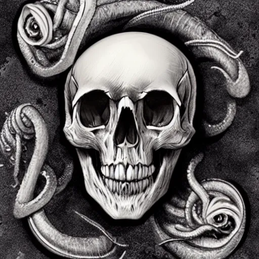 Image similar to skull of a pirate with tentacles protruding out of it's eye socket at the bottom of the ocean photo realistic