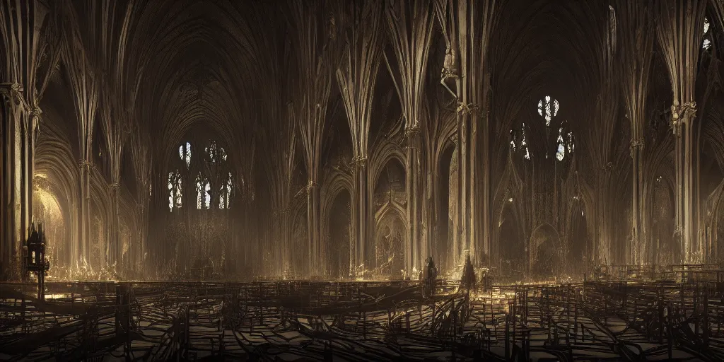 Image similar to cinematic movie scene, 2 0 0 mm wide shot, precise architectural rendering, interior of a dark gloomy catherdal made from bones skulls skin and wires, gothic architecture, detailed illustration, moody atmospheric lightng sharp focus, concept art, unreal engine, octane render, god rays h 7 6 8