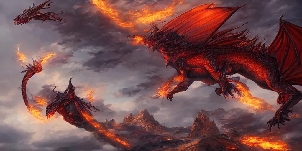 Prompt: A flying fire breathing dragon, by artgerm, epic scenery, highly detailed, realistic render, trending on artstation