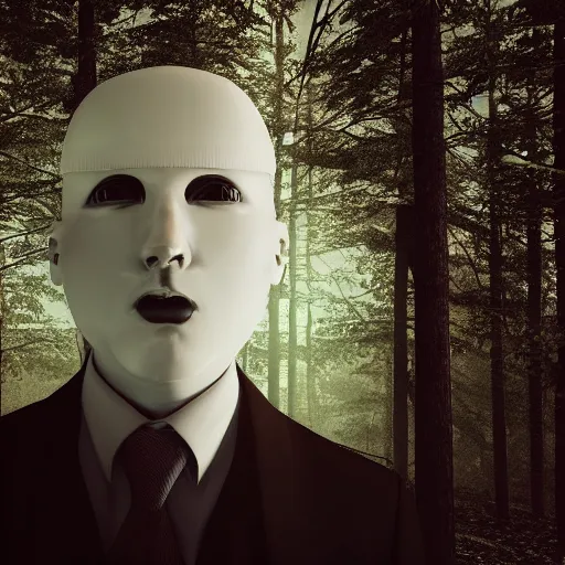 Prompt: a man with the head of a tv screen wearing white suit in the woods, cinema 4d, cinematic lighting, fog