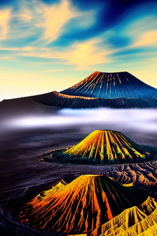 Image similar to bromo mountain, aesthetic, fantasy, pop art, by mike swiderek, jorge lacera, ben lo, tyler west, ultrarealistic, sharp focus, rendered by photoshop