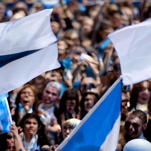 Image similar to Lady Gaga as president, Argentina presidential rally, Argentine flags behind, bokeh, giving a speech, detailed face, Argentina