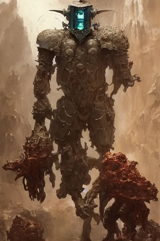 Prompt: scientists in a laboratory observe a martyn ford as a huge bipedal martian wearing armour, painted by ruan jia, raymond swanland, lawrence alma tadema, zdzislaw beksinski, norman rockwell, jack kirby, tom lovell, alex malveda, greg staples