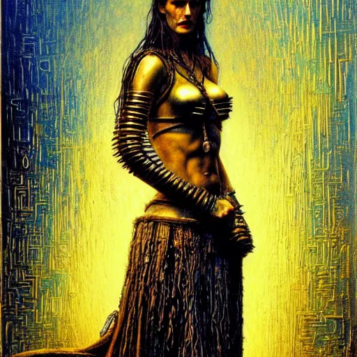 Image similar to eva green as warrior queen, atmospheric lighting, painted, intricate, golden and blue hour, ultra detailed by peter gric, giger, enki bilal