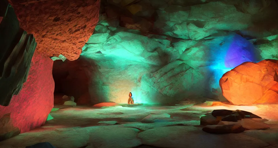 Image similar to gemstone in cave with light inside, colorful, refraction, acoustic , highly detailed, 8k post-processing highly detailed, rendered by octane engine