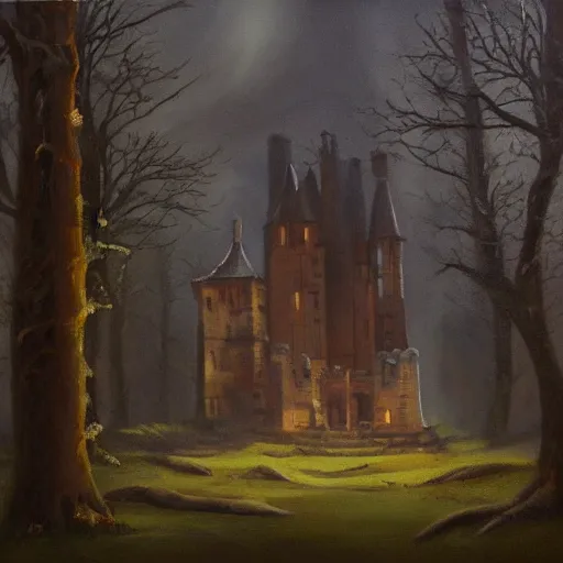 Prompt: abandoned castle in the woods, ethereal, dark lighting, oil painting by Claude