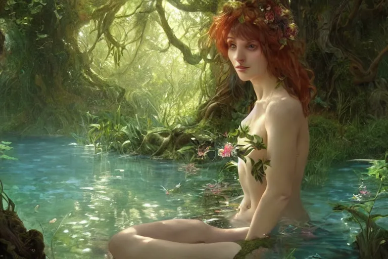 Prompt: a dryad in an enchanted forest pool, highly detailed, digital painting, artstation, concept art, sharp focus, illustration, art by artgerm and greg rutkowski and alphonse mucha