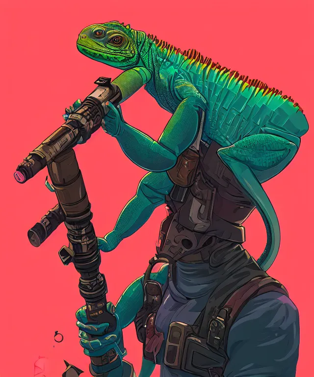 Image similar to a portrait of an anthropomorphic iguana holding a bazooka, cyberpunk!, fantasy, elegant, digital painting, artstation, concept art, matte, sharp focus, illustration, art by josan gonzalez