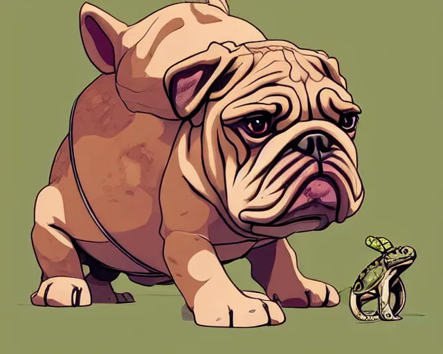 Prompt: cell shaded cartoon of a realistic bulldog with a turtle shell, concept art by josan gonzales and wlop, by james jean, victo ngai, david rubin, mike mignola, deviantart, art by artgem