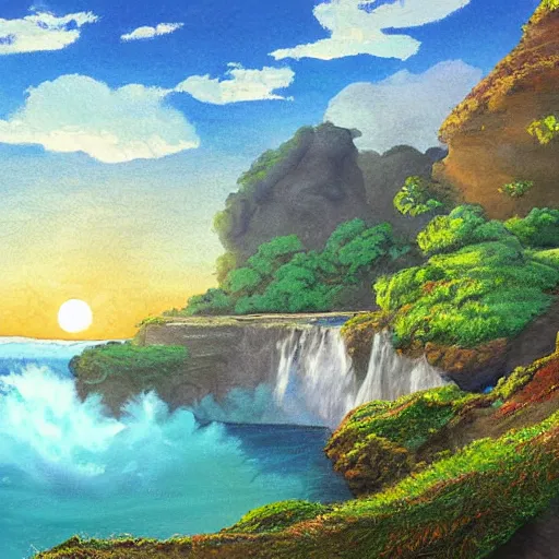 Image similar to beautiful painting of cliffs with waterfall, lake at the bottom of the waterfall, sunset windy evening, studio ghibli, highly detailed digital art