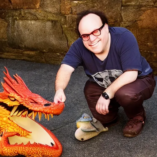 Prompt: young dani devito offering an egg to a dragon, award winning photo, hd, photo