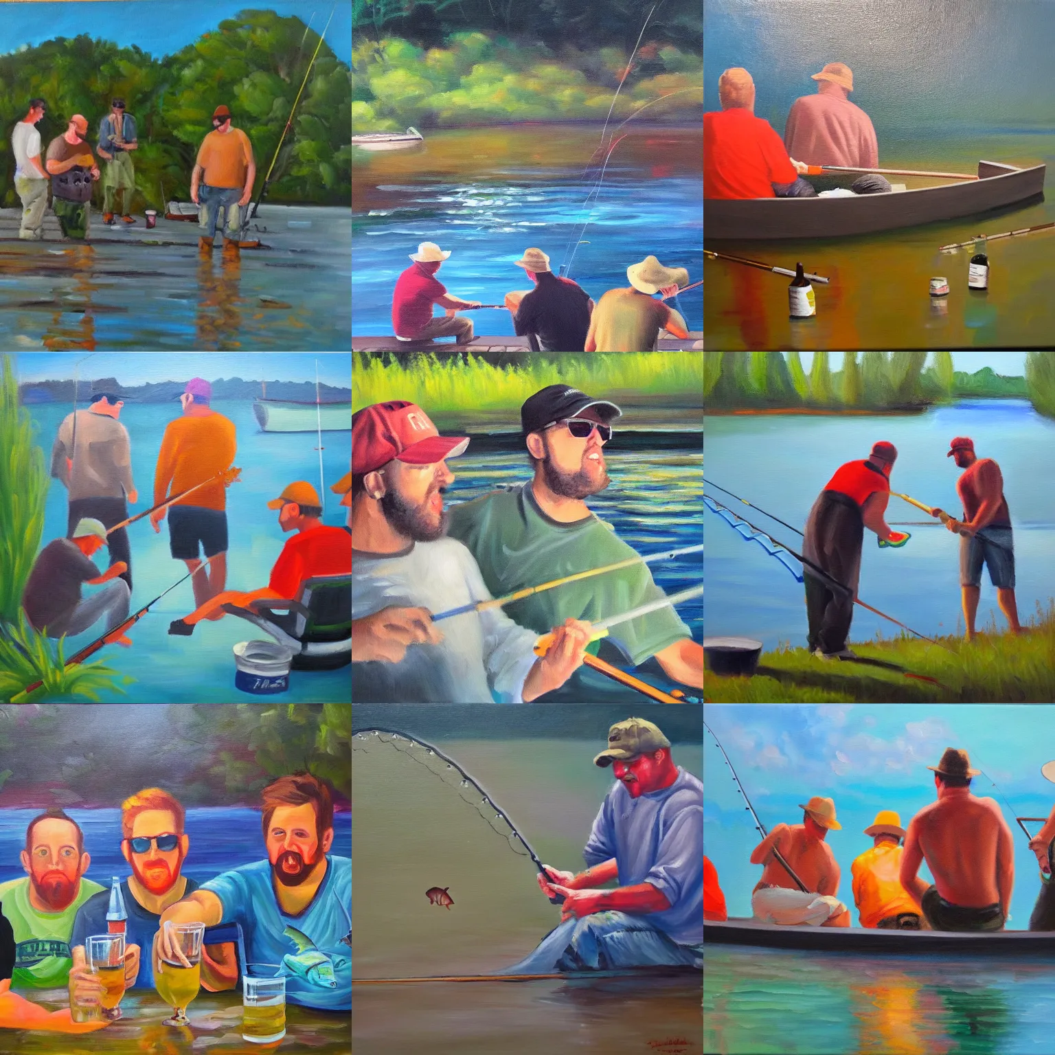 Prompt: 7 good friends binge drinking and 1 guy fishing, oil on canvas