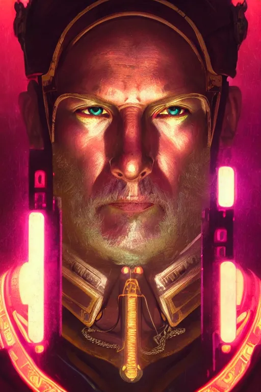 Prompt: ancient rome emperor in cyberpunk style, neon glow, realistic portrait, symmetrical, highly detailed, digital painting, artstation, concept art, smooth, sharp focus, illustration, cinematic lighting, art by artgerm and greg rutkowski and alphonse mucha