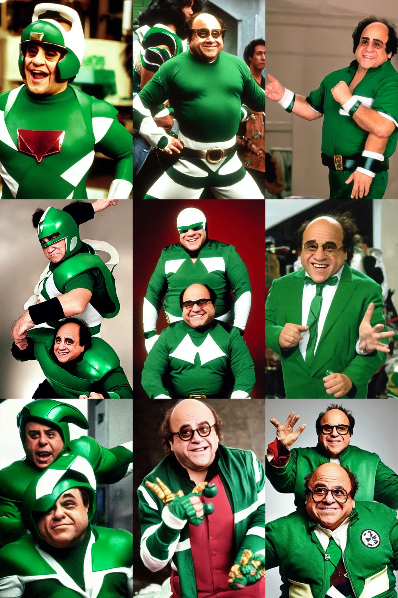 Prompt: Danny Devito as Tommy Oliver, green power ranger